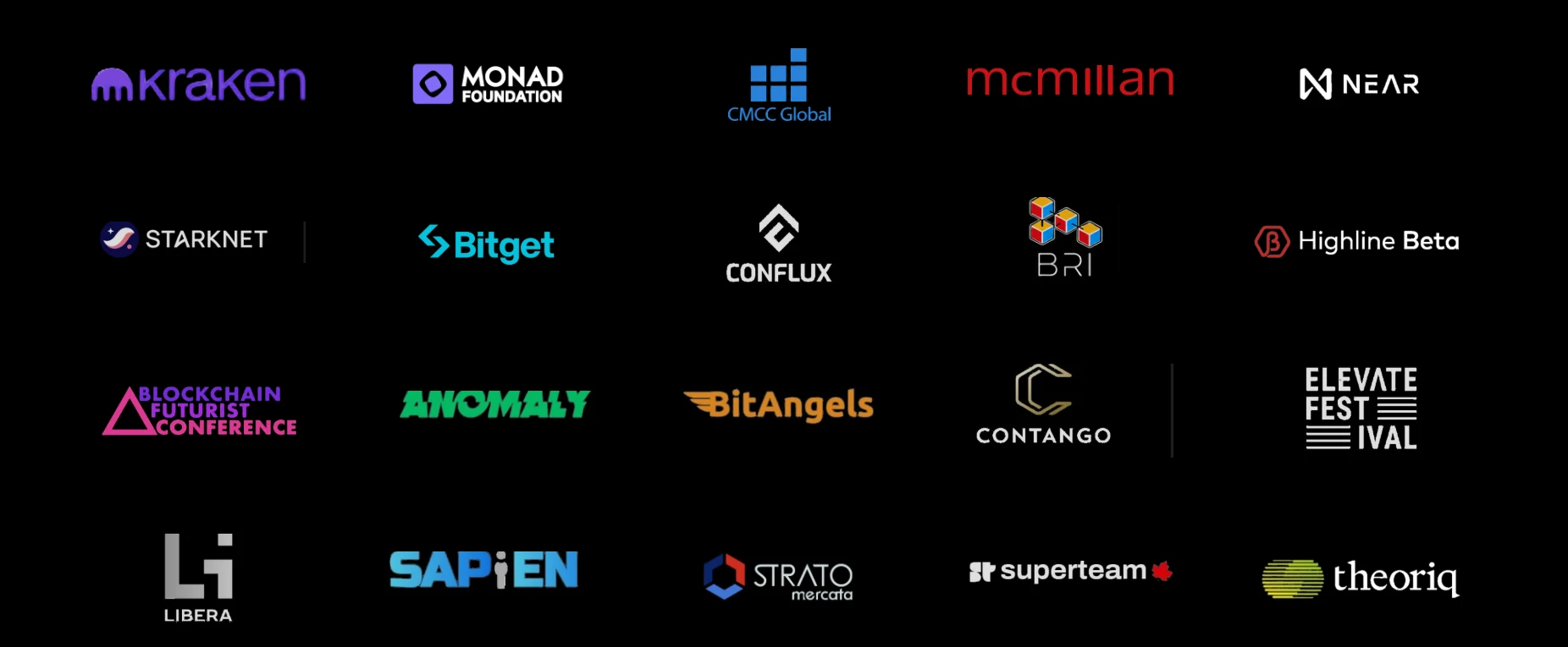 Partner logos: Kraken, Monad Foundation, CMCC Global, McMillan, NEAR, Starknet, Bitget, Conflux, BRI, Highline Beta, Blockchain Futurist Conference, Anomaly, BitAngels, Contango, Elevate Festival, Libera, Sapien, Strato Mercata, Superteam, Theoriq